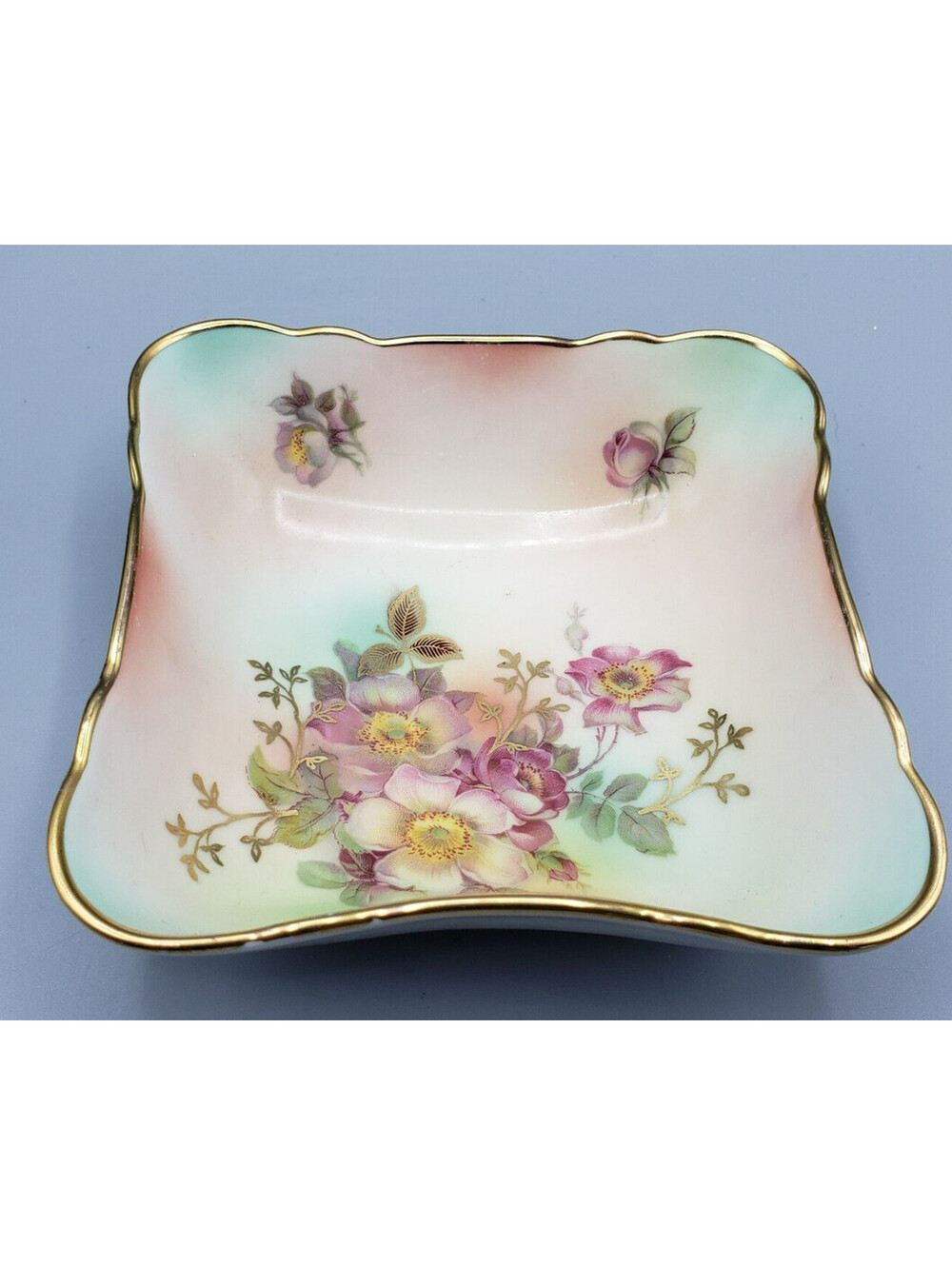Vintage Bavarian Wild Rose Blush Candy Nut Dish Schumann Arzberg Germany Gold